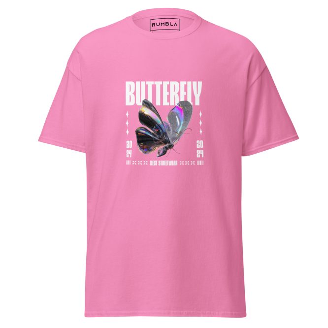 Unisex Iridescent Butterfly T-Shirt – Digitally Rendered Glossy Rainbow Wings on White Background, Stylish and Artistic Design Tee