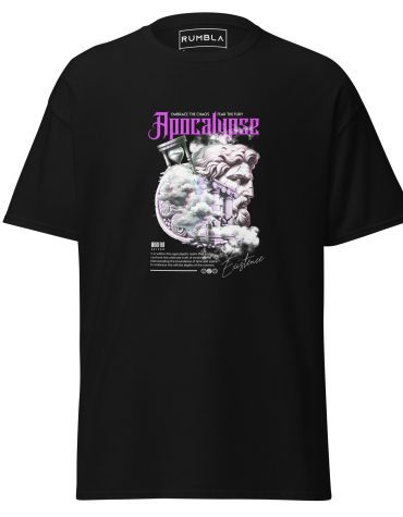 Apocalypse T-Shirt – Old Greek Roman Inspired, Shattered Carved Head & Hourglass Image, Apocalyptic T-Shirt Ethereal Clouds with Purple Lettering