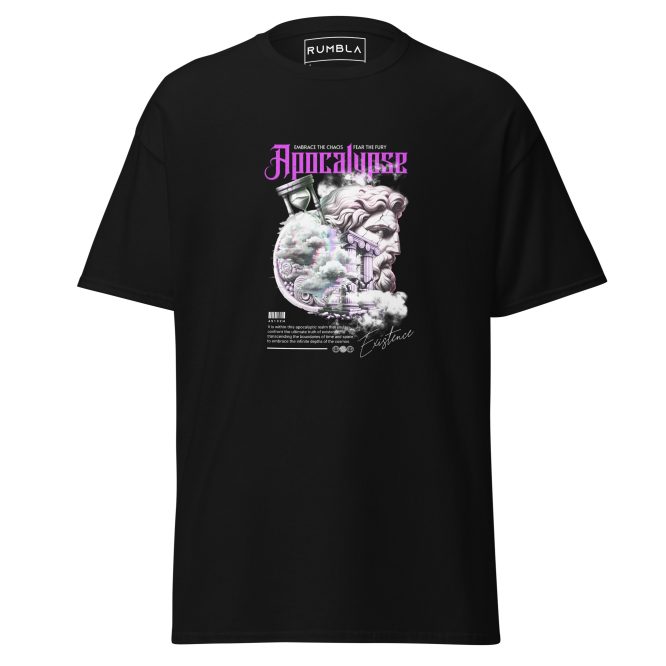 Apocalypse T-Shirt – Old Greek Roman Inspired, Shattered Carved Head & Hourglass Image, Apocalyptic T-Shirt Ethereal Clouds with Purple Lettering