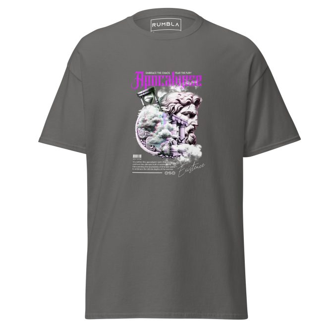 Apocalypse T-Shirt – Old Greek Roman Inspired, Shattered Carved Head & Hourglass Image, Apocalyptic T-Shirt Ethereal Clouds with Purple Lettering