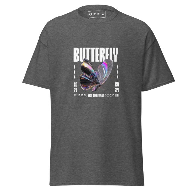 Unisex Iridescent Butterfly T-Shirt – Digitally Rendered Glossy Rainbow Wings on White Background, Stylish and Artistic Design Tee