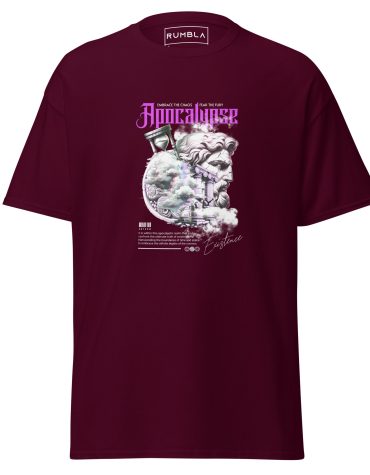 Apocalypse T-Shirt – Old Greek Roman Inspired, Shattered Carved Head & Hourglass Image, Apocalyptic T-Shirt Ethereal Clouds with Purple Lettering