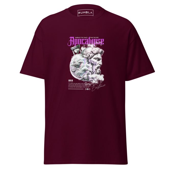 Apocalypse T-Shirt – Old Greek Roman Inspired, Shattered Carved Head & Hourglass Image, Apocalyptic T-Shirt Ethereal Clouds with Purple Lettering