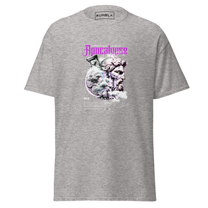 Apocalypse T-Shirt – Old Greek Roman Inspired, Shattered Carved Head & Hourglass Image, Apocalyptic T-Shirt Ethereal Clouds with Purple Lettering